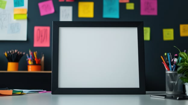 Blank frame mockup on desk with colorful post-it notes photo