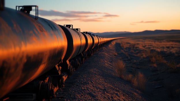 Transporting fossil fuels, line of coal trains at sunset, showcasing industrial beauty photo