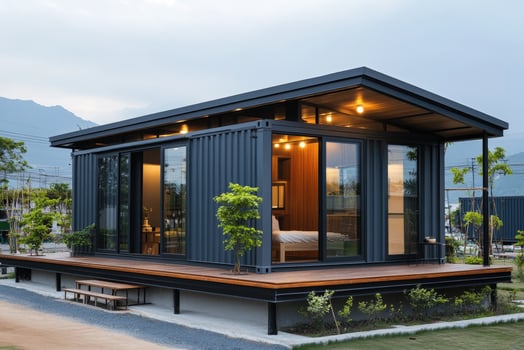 Modern container home embracing sustainable living in natural landscape photo