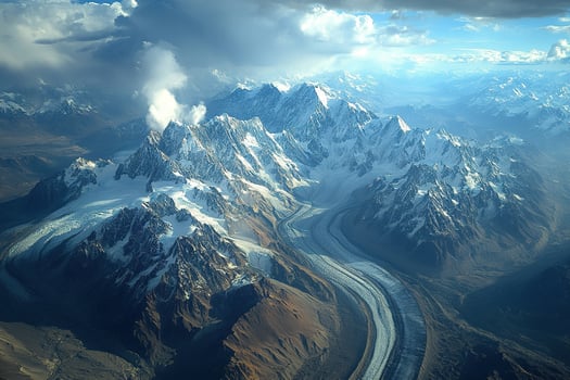 Aerial view of snow-capped mountain range and low hanging clouds. Generated by artificial intelligence photo