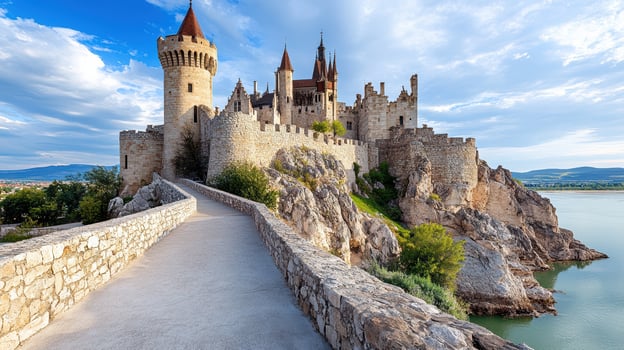 majestic castle on rocky hill overlooking serene lake, showcasing medieval architecture photo