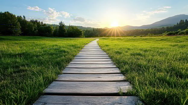 A wooden path leads to the sun in a grassy field photo