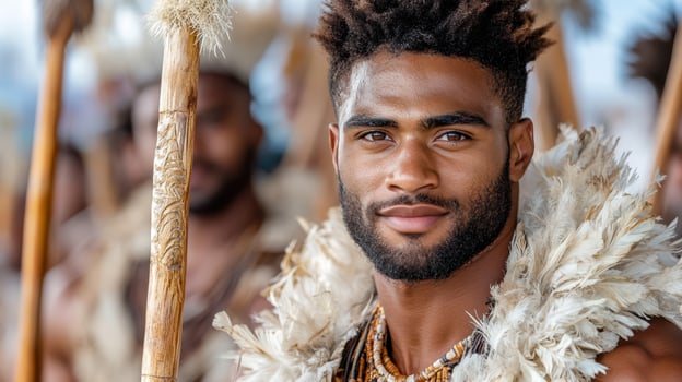 traditional Fijian warrior in ceremonial dress holds spear proudly photo
