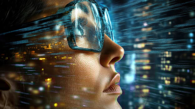 A woman wearing glasses and looking at the city lights photo