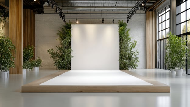 modern fashion runway with minimalist design and greenery photo