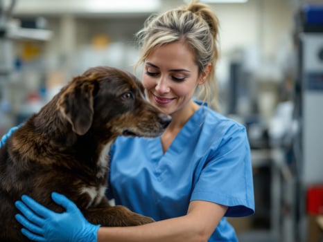 Female veterinarian with dog in veterinary clinic photo