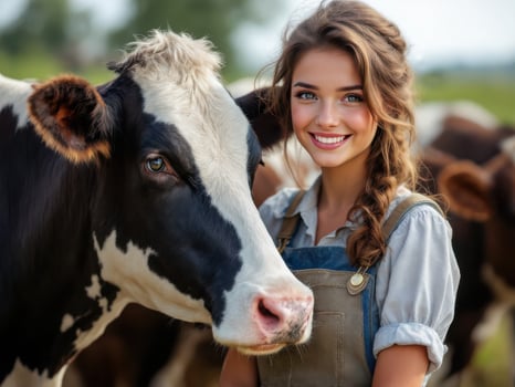 Beautiful happy woman with a cute cow and on a farm photo