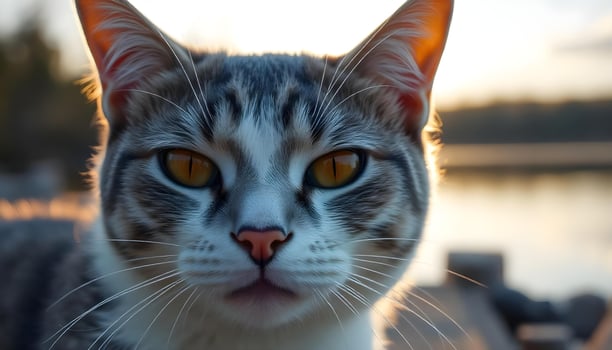 Close up portrait of a gray and white cat with bright yellow eyes, soft fur texture visible, sunlight casting gentle shadows, natural blurred background, calm and relaxed expression photo