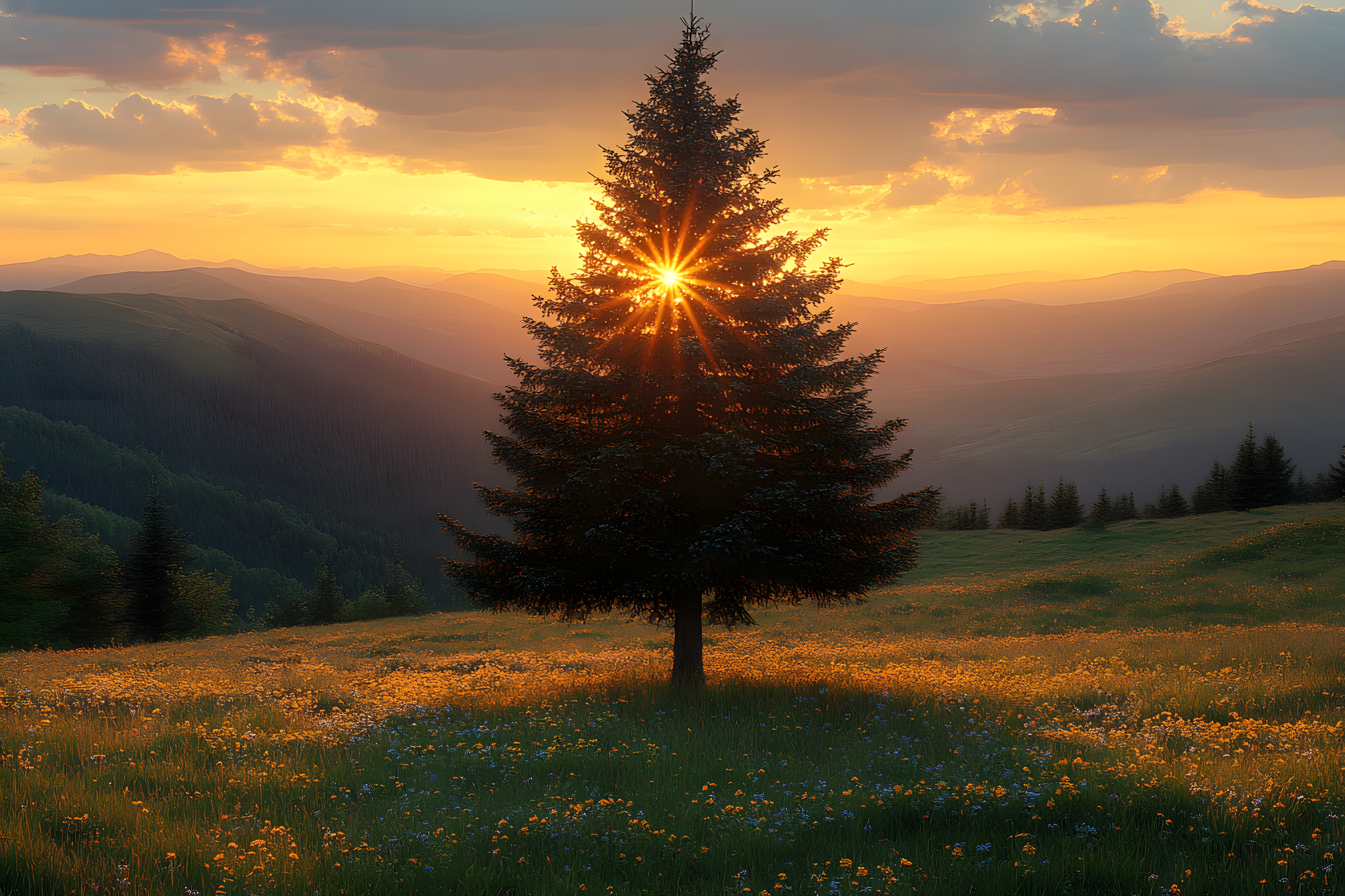 Serene Sunset Landscape with Lone Pine Tree in Blooming Meadow photo