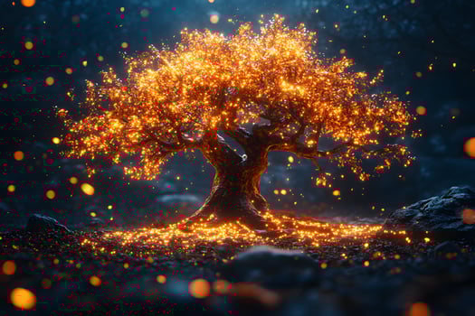 Enchanted Tree with Glowing Firefly Lights in Mystical Forest at Night photo