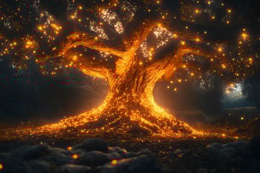 Enchanted Tree Illuminated by Magical Lights in Mystical Forest Setting photo