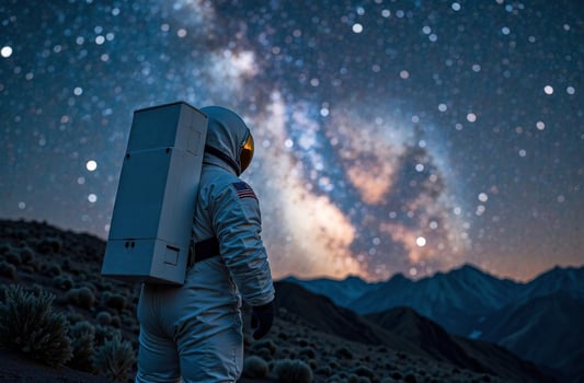 Astronaut stand on ground planet and looking large satellite space photo