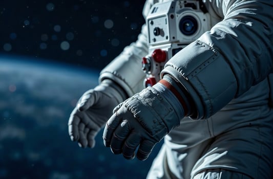 Astronaut spacesuit outer space flies zero gravity close up dark hands photo