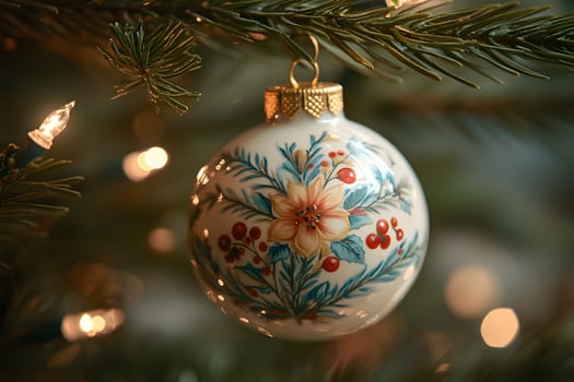 Elegant Hand-Painted Christmas Ornament on Festive Tree Branch with Lights photo