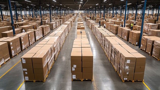 Logistics specialists working in large distribution center managing cardboard boxes on pallets photo