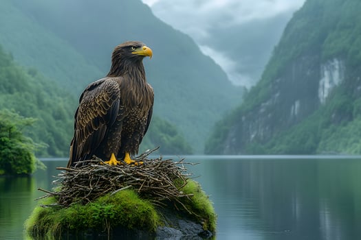 Majestic Eagle Perched by Serene Mountain Lake in Misty Landscape photo
