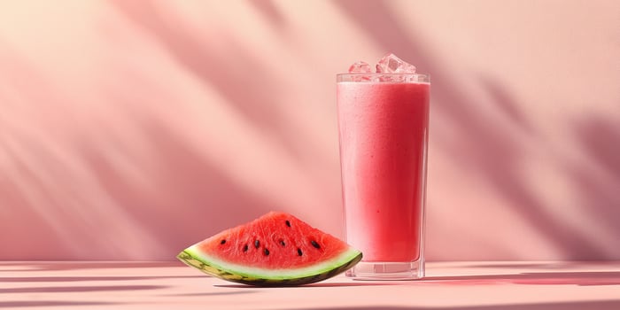 Refreshing watermelon smoothie served in a tall glass beside a fresh watermelon slice on a pastel pink background photo