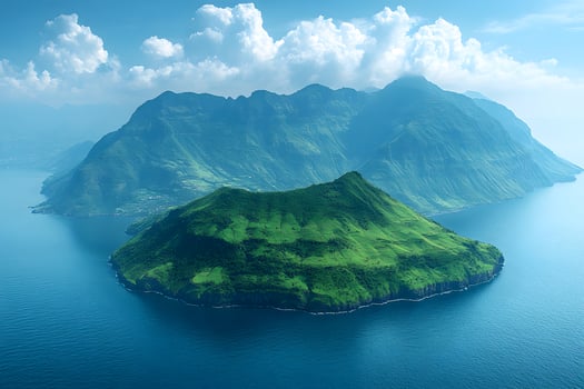 Majestic Green Island and Mountain Range Surrounded by Ocean photo