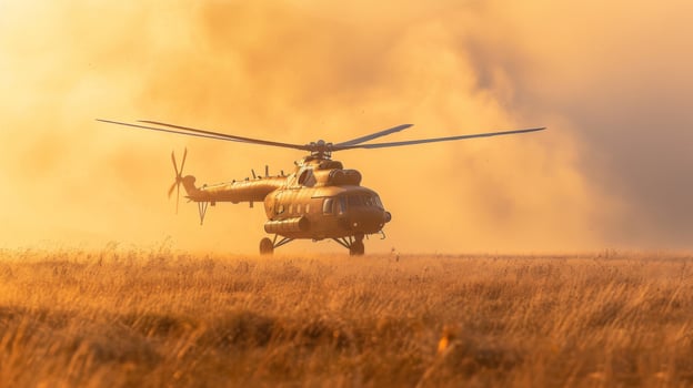 A military helicopter hovers low above a field of golden grass during dusk, creating dust clouds as it prepares to land amidst a hazy atmosphere. photo