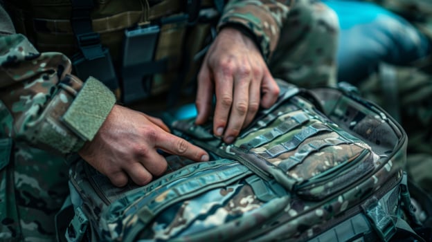 A soldier carefully arranges tactical equipment in a camouflage backpack, focused on preparing for an upcoming mission at a military camp in the early morning. photo