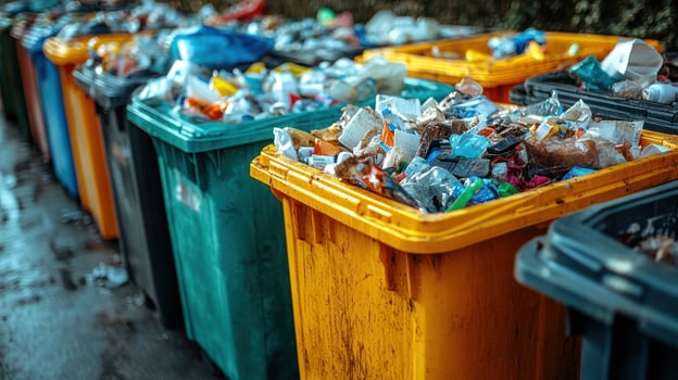 A row of trash cans with different colored containers photo