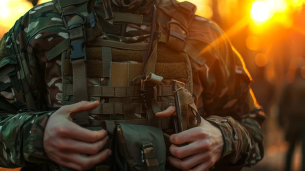 A soldier is seen adjusting his tactical gear as the sun sets, creating a warm glow in a forest environment, highlighting camaraderie and dedication during a training exercise. photo