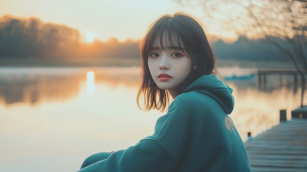 Young Woman Contemplating Peaceful Sunset By Lake photo