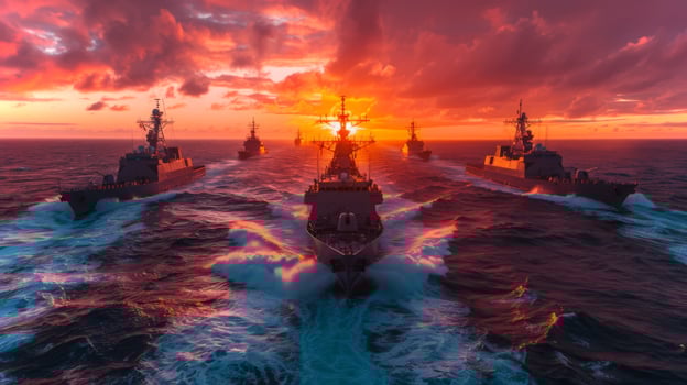 Six naval vessels maneuver in formation across the ocean under a breathtaking sunset, highlighting the teamwork and precision of maritime operations. photo
