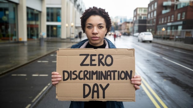A young person with curly hair holds a cardboard sign reading Zero Discrimination Day. Call for equality, urban backdrop photo