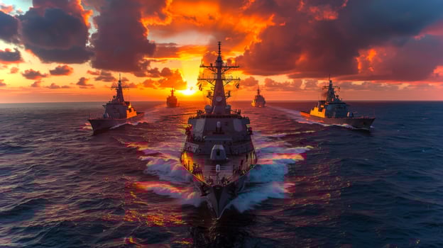 A naval fleet conducts maneuvers in open waters at sunset, featuring advanced warships silhouetted against a dramatic sky filled with vibrant colors and clouds. photo