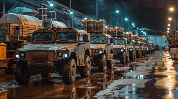 Armored military vehicles are arranged in neat rows inside a spacious warehouse. The environment is illuminated by overhead lights, creating reflections on the wet concrete floor. photo