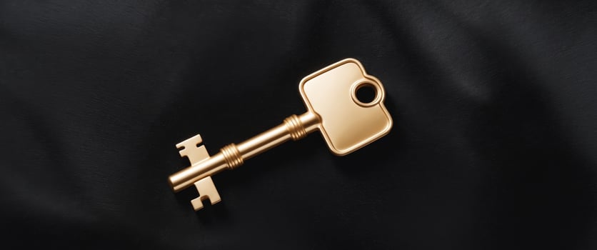 Golden key placed on solid black background. photo