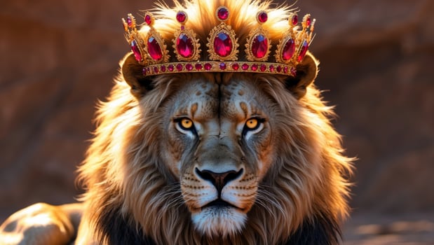 fierce lion wearing golden crown adorned with red jewels. photo