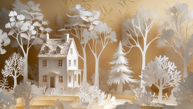 A Charming and Delightful Paper Cut Landscape Featuring a House Surrounded by Trees photo