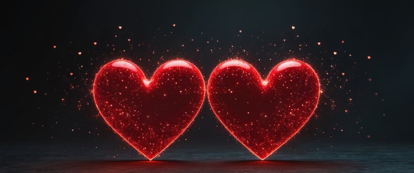 Two shiny red hearts glowing with sparkles on a dark background represent love and affection on Valentine's Day. photo