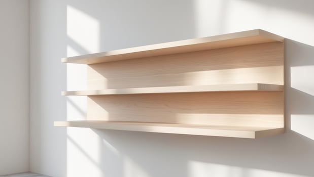 Empty Light Wooden Shelf on White Wall Product Display Mockup. photo