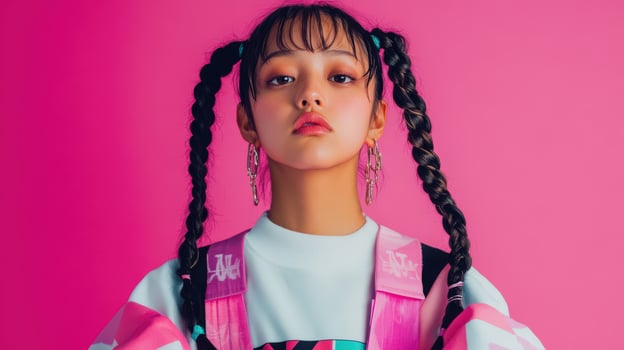 Young Woman With Braids Posing Against Pink Background photo