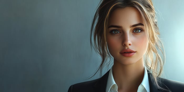 Young woman with captivating eyes poses confidently in a tailored outfit against a soft neutral background photo