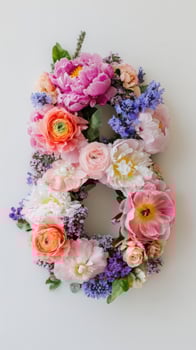 A floral arrangement of flowers is arranged in the shape of the letter b photo