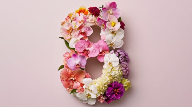 Number 8 made of flowers on pink background photo
