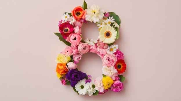 Number 8 made of flowers on pink background photo