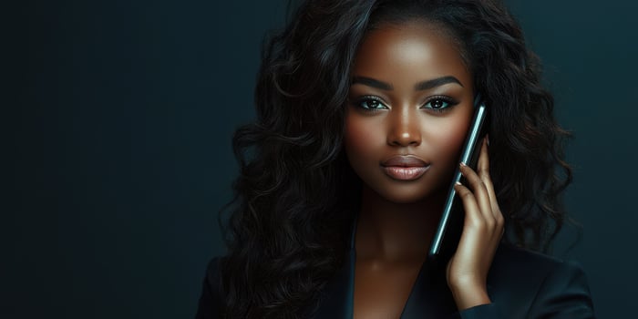 Woman with curly hair speaking on a smartphone in a professional setting, showcasing confidence and elegance photo
