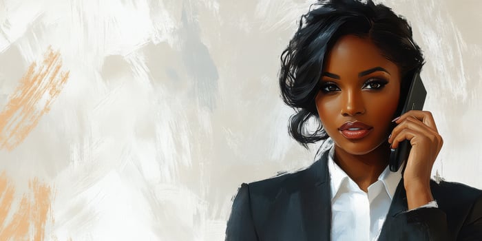 Businesswoman engaged in a phone conversation while wearing a formal suit in a modern office environment photo