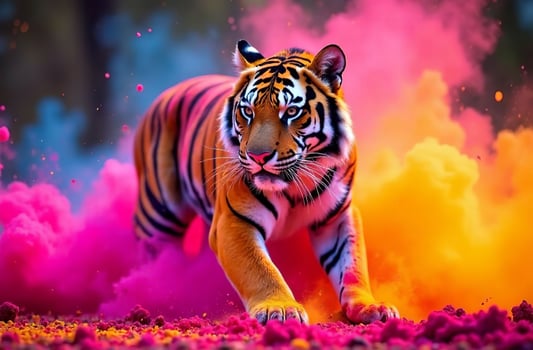 Animal tiger sprayed colorful colors holi, Indian spring festival photo