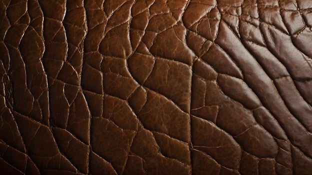 A high-detail macro image of aged leather with visible wrinkles and a rich patina. photo