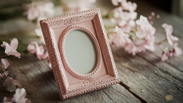 Vintage pastel pink photo frame with pink flowers on old wooden background