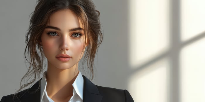 Professional woman in a stylish suit exuding confidence in a well-lit modern office space during daylight hours photo