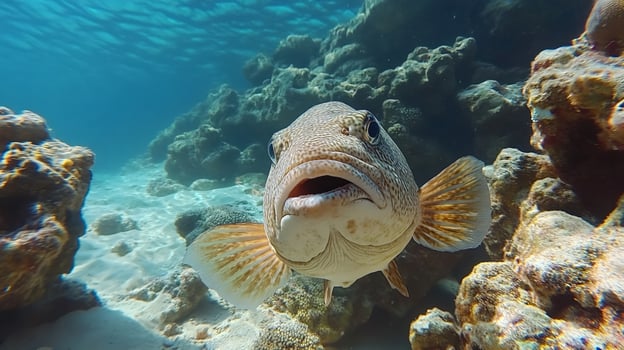 Curious fish exploring tropical coral reef in clear blue water photo