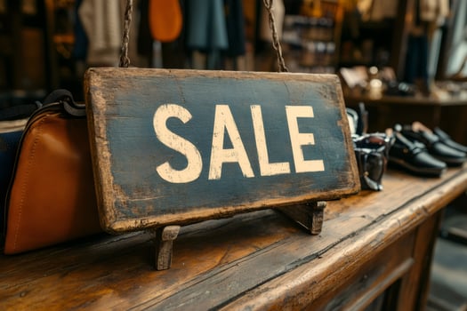 Wooden sale sign displayed on rustic counter in fashion store photo