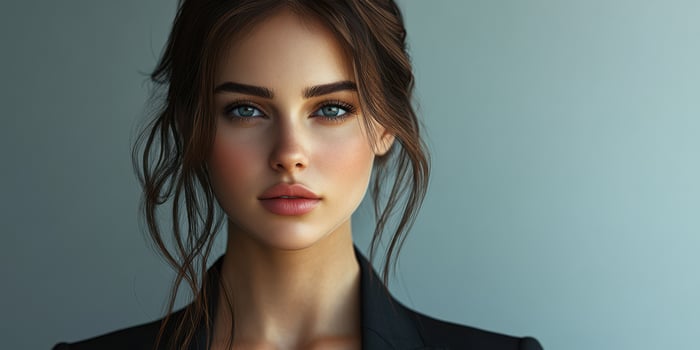 Portrait of a young woman with striking features in elegant attire and soft lighting against a minimalist background photo